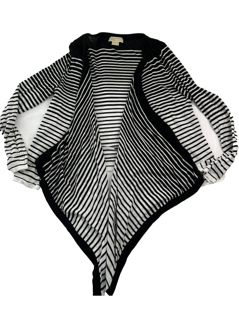 MICHAEL KORS Black White Striped Draped Waterfall Open Front Cardigan Sweater L